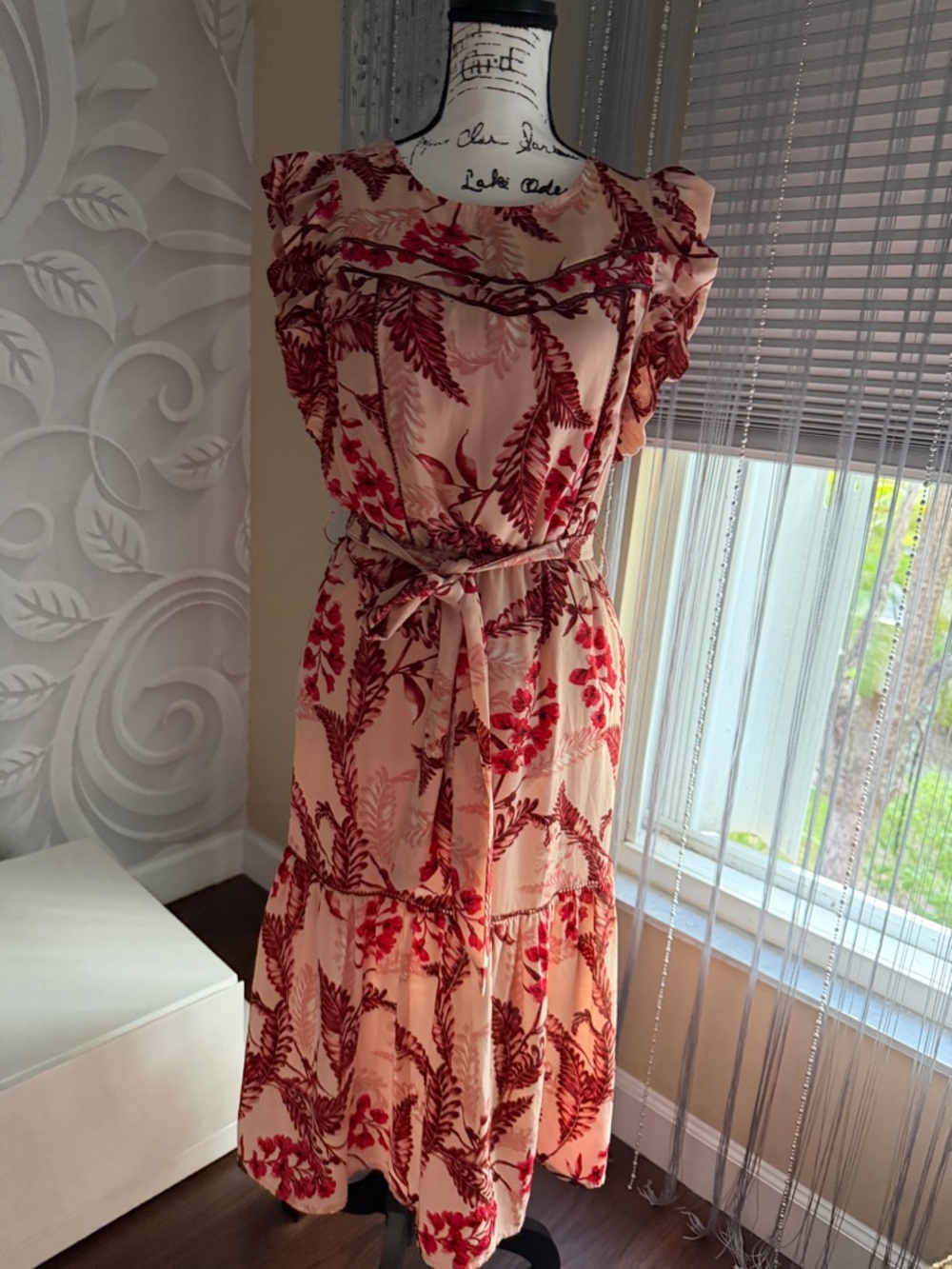 Vertigo Paris Blush Pink Maxi Dress with Red Botanical Print and Tie Waist